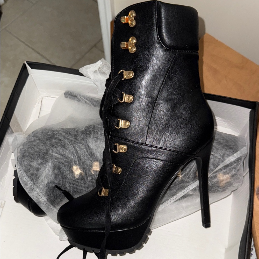 Black Heeled Boots with Gold Accents